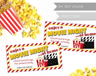 Personalized Movie Night Gift Tags, Cards, PRINT TODAY, Print at home, Edit, Summer, Gift Baskets, Family Gift Tags, Quarantine, Red Box