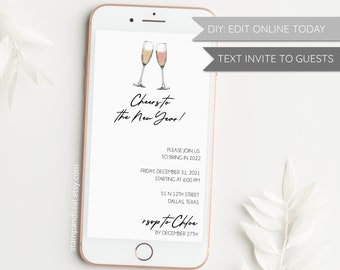 New Year Digital Phone Party Invitation, EDIT & SEND TODAY, electronic invitation, Text Message invitation, mobile invite, 2022, champagne