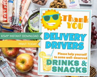 Summer Sun Delivery Driver Drink Snack Sign, PRINT TODAY, Printable, Snack Sign, Thank You, UPS, FedEx, Amazon, Usps, Delivery Courier, Cold