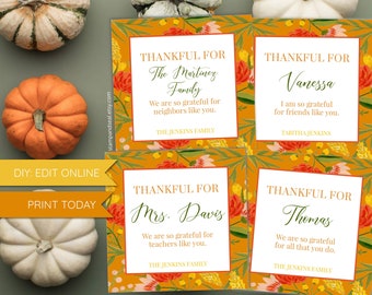 Personalized Thanksgiving Thankful Flower Gift Tags,PRINT TODAY, Printable, template, Snack Gift, Gift Basket, Gift Card, care package