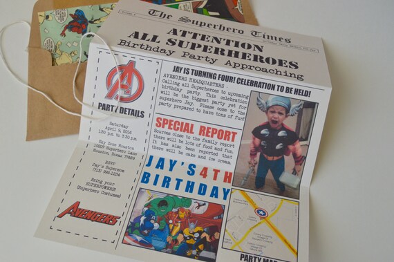 Superhero Newspaper Invitation - Set of 8 Avengers Invitation, Marvel Invitation, Superhero Invitation, Hulk, Ironman, Thor, Captain America Il_570xn