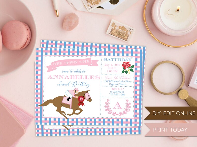 Horse Race Pink and Blue Second Birthday Invitation Derby Party Printable Editable Templett Birthday Girl Boy Shower Southern