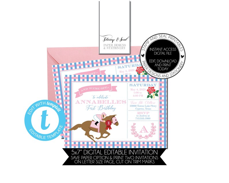 Horse Race Pink and Blue Birthday Invitation, Derby Party, Printable, Editable, Templett, Birthday, Girl, Boy, Shower, Southern, Derby image 2