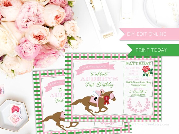 Horse Race Pink and Green Birthday Invitation, Derby Party, Printable, Editable, Templett, Birthday, Girl, First, Shower, Southern, Belmont Il_570xn