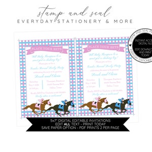 Horse Race Pink and Blue Gender Reveal Invitation, Derby Party, PRINT TODAY, Editable DIY template, Baby Shower, Southern, Triple Crown image 2