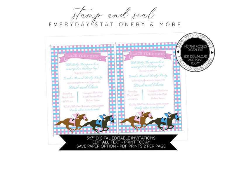 Horse Race Pink and Blue Gender Reveal Invitation, Derby Party, PRINT TODAY, Editable DIY template, Baby Shower, Southern, Triple Crown image 2