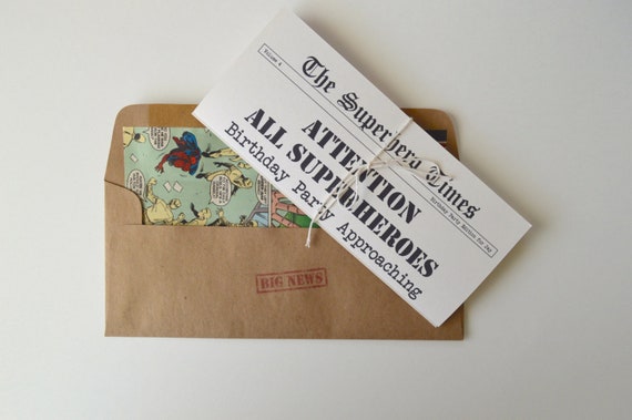 Superhero Newspaper Invitation - Set of 8 Invitations, Superhero Invitations, Comic book invitations Il_570xn