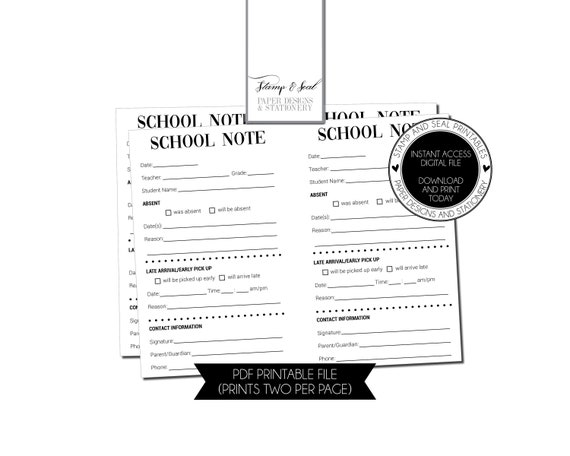 Blank Printable School Note, Absent Letter, School Letter, Late Arrival, Printable, Instant Download, Parent Note, Student Note, Excuse Note Il_570xn