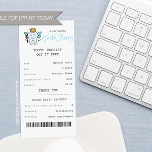 Personalized Editable PDF Tooth Fairy Receipt template, PRINT TODAY, Tooth Fairy Certificate, Lost Tooth, Printable, Editable, Memory Book