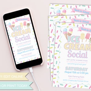 Ice Cream Social Party Invitation Template, TEXT and PRINT TODAY, Birthday, Back to School, Quarantine, Social Distancing, digital, block