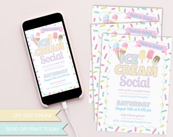 Ice Cream Social Party Invitation Template, TEXT and PRINT TODAY, Birthday, Back to School, Quarantine, Social Distancing, digital, block