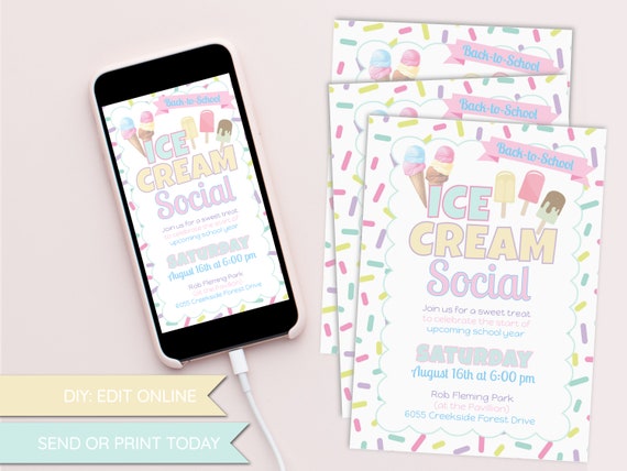 Ice Cream Social Party Invitation Template, TEXT and PRINT TODAY, Birthday, Back to School, Quarantine, Social Distancing, digital, block Il_570xn