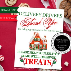 Kerstbezorger behandelt teken, PRINT VANDAAG, afdrukbaar, snackbord, dank u, UPS, FedEx, Amazon, Ups, bezorgkoerier, snack