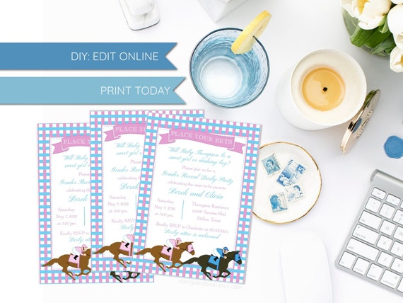 Horse Race Pink and Blue Gender Reveal Invitation, Derby Party, PRINT TODAY, Editable DIY template, Baby Shower, Southern, Triple Crown Il_570xn