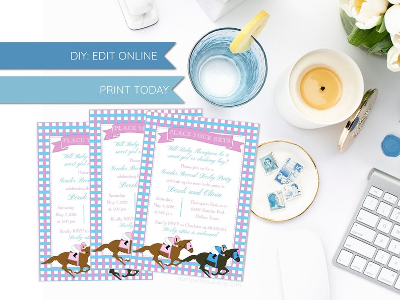 Horse Race Pink and Blue Gender Reveal Invitation, Derby Party, PRINT TODAY, Editable DIY template, Baby Shower, Southern, Triple Crown image 1