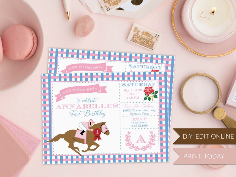 Horse Race Pink and Blue Birthday Invitation, Derby Party, Printable, Editable, Templett, Birthday, Girl, Boy, Shower, Southern, Derby image 1