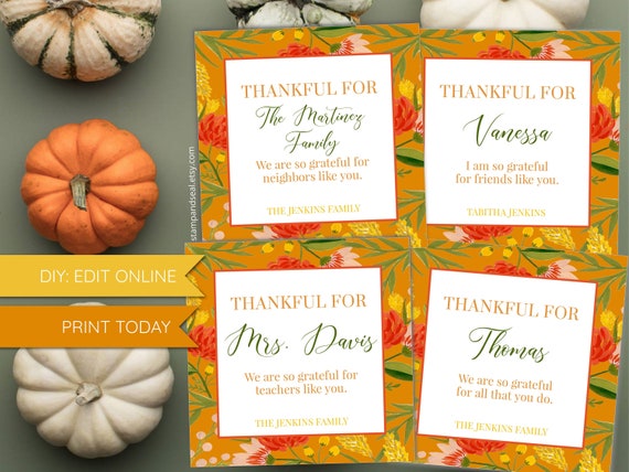 Personalized Thanksgiving Thankful Flower Gift Tags,PRINT TODAY, Printable, template, Snack Gift, Gift Basket, Gift Card, care package Il_570xn