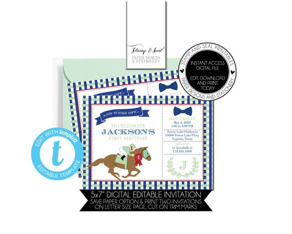 Horse Race Mint Green and Blue Birthday Invitation, Derby Party, Printable, Editable, Templett, Birthday, Boy Birthday, Southern, Derby Il_570xn
