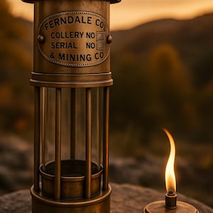Può includere: Una lampada da minatore vintage in ottone con un involucro di vetro e la scritta "FERNDALE COLLERY NO. 700 & MINING CO." Accanto, una piccola lampada a olio accesa. Lo sfondo è una catena montuosa sfocata.