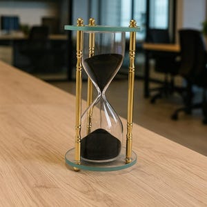 May include: An hourglass with a clear glass body and gold-colored metal frame. The sand inside is black. The hourglass sits on a clear glass base and has a light green top. The background is a blurred office setting.