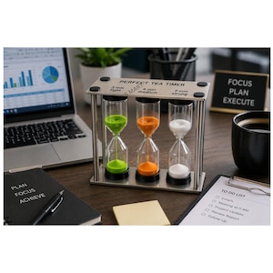 May include: A metal tea timer with three glass hourglasses containing green, orange, and white sand. The top frame is labelled PERFECT TEA TIMER with 3 min light, 4 min medium, and 5 min strong text printed above each respective hourglass.