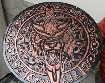 Handcrafted Viking Wolf Wall Shield 24 Inch | Norse Fenrir Wolf Wall Hanging | Celtic Viking Home Decor | Handmade Wooden Wall Art
