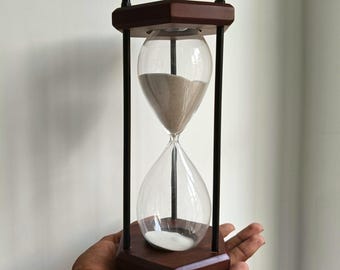 30-minuters timglas i trä – vit sand | Handgjord heminredning, skrivbordstillbehör, meditations- och mindfulnesspresent