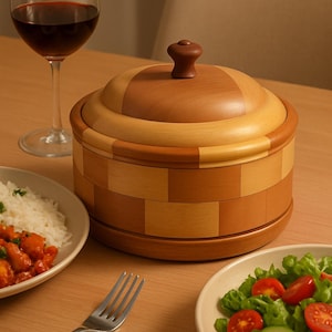 Handgjord trägryta med varm gryta – isolerad serveringsskål med lock