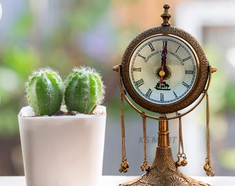 Antique Brass Table Clock – Floral Engraved Vintage Desk Decor | Handmade Retro Home Office Gift