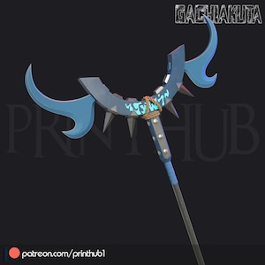 May include: A fantasy weapon with a dark grey shaft and a blue and grey head. The head features curved blue blades, spikes, and a decorative design. The text "GACHIAKUTA" is at the top, and "patreon.com/printhub1" is at the bottom.