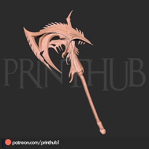 以下が含まれることがあります： 曲がった刃とドラゴンにインスパイアされたデザインが特徴の、詳細なライトブラウンのファンタジーアックス。 斧は、彫刻されたディテールと装飾的なヘッドを備えた長いハンドルを備えており、コスプレやディスプレイに最適です。 画像には「PRINTHUB」というテキストが含まれています。