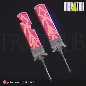May include: Two pink and light pink decorative swords with geometric designs. The blades have a rectangular shape with a wrapped handle and a pointed tip. The word "DISPATCH" is in the upper right corner.