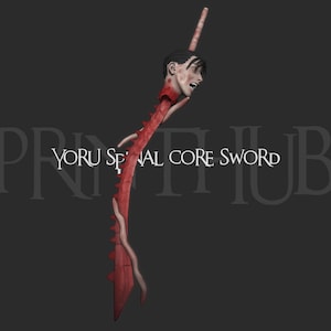 Könnte beinhalten: Ein rotes und beigefarbenes Schwert mit einem menschlichen Kopf an der Spitze. Das Schwert hat ein Wirbelsäulendesign und den Text "Yoru Spinal Core Sword". Der Hintergrund ist dunkelgrau.