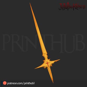 May include: A golden-yellow sword with a cross-shaped hilt and a red cross emblem. The sword has a long, pointed blade and is set against a dark background. The text "JUJUTSU KAISEN" is visible in the upper right corner.