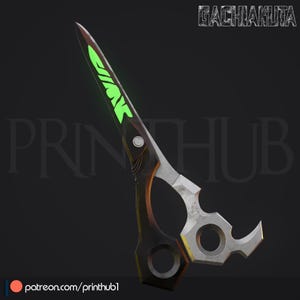 May include: Stylized scissors with a black and silver design. The blade has green glowing text reading "GIAK". The handle features a geometric design. The background is dark with the text "PRINT HUB" and the logo "Gachikuta".