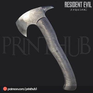 May include: A metallic gray axe with a curved blade and a textured handle. The handle features a chevron pattern and is secured with three rivets. The text "RESIDENT EVIL requiem" is visible in the upper right corner.