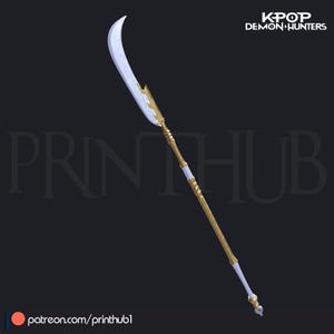 May include: A white and gold spear with a curved blade. The blade has a wave-like pattern. The spear's shaft is gold with white accents. The text "KPOP DEMON HUNTERS" is in the upper right corner.