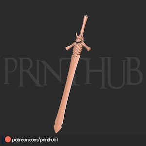 May include: A bronze-colored sword with a skull-shaped hilt and a long, straight blade. The hilt features a detailed skull design with horns and a spine-like structure. The blade is angled, and the overall design suggests a fantasy or gothic theme.
