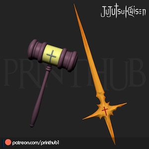 May include: A purple mallet with a yellow band and a white cross, next to an orange sword with a red cross. The image includes the text "JUJUTSU KAISEN" and "patreon.com/printhub1".
