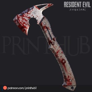 May include: A silver and gray tomahawk with a blood-splattered blade and handle. The weapon has a curved blade, a hammer on the back, and the text "RESIDENT EVIL requiem" is visible in the upper right corner.