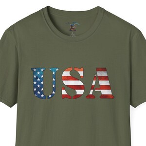 USA With Flag Background Softstyle T-Shirt, Patriotic Tee, American Flag Shirt, US Flag Top, Fourth of July Apparel