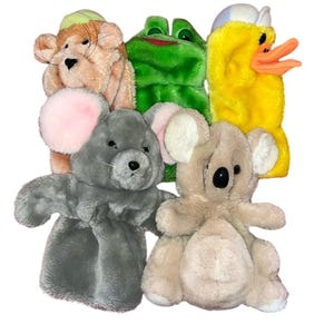 Set of 5 Vintage Plush Hand Puppets Frog Mouse Duck Monkey Koala 9"