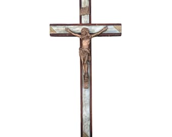 Vintage Wooden Wall Crucifix Mother of Pearl Inlay Catholic Cross