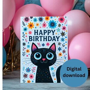 Whimsical Black Cat Birthday Card: Floral Cat Lover Design (Digital Download)
