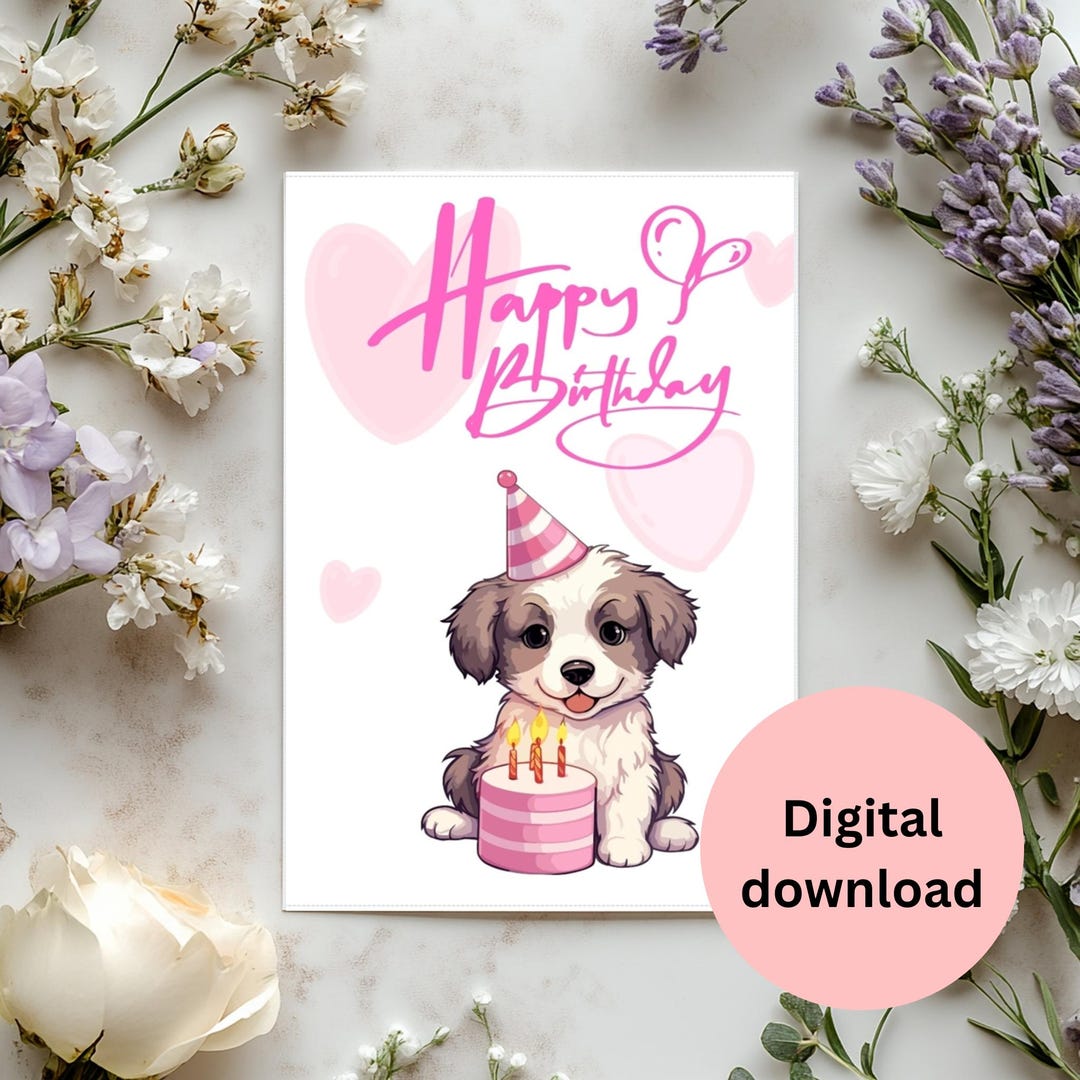 Puppy Birthday Card: Pink Party Hat, Cake Design (printable PDF & JPG ...