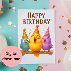 Fröhliche Singvögel Geburtstagskarte – Aquarell Partyvögel – Süße Tier Geburtstagskarte – Wunderliche Grußkarte für jedes Alter