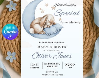 Some Bunny Is On The Way Baby Shower Invitation, Blue Sleeping Bunny Boy Invite, Editable Rabbit Shower Template, Printable Digital Download