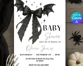 Coquette Black Bow Baby Shower Invitation, Editable Gothic Bat Template, Halloween Shower Invite, Coquette Bat Invitation, Digital Download