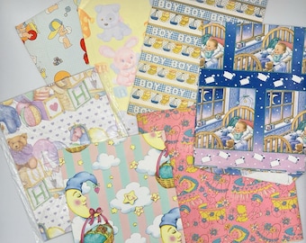 Lote vintage de 7 folhas soltas de papel de embrulho para presente de bebê, anos 1970-80