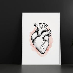 Anatomical Heart Art Print | Black Line Drawing with Pink Watercolor | Modern Medical Wall Art | Digital Download